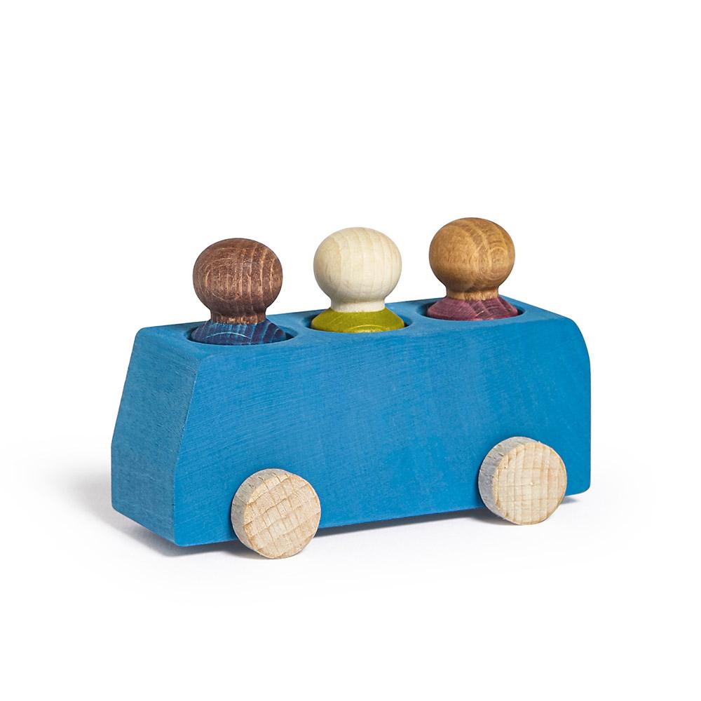 Autobús madera azul Lubu con 3 figuras