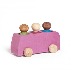 Autobús madera rosa Lubu con 3 figuras