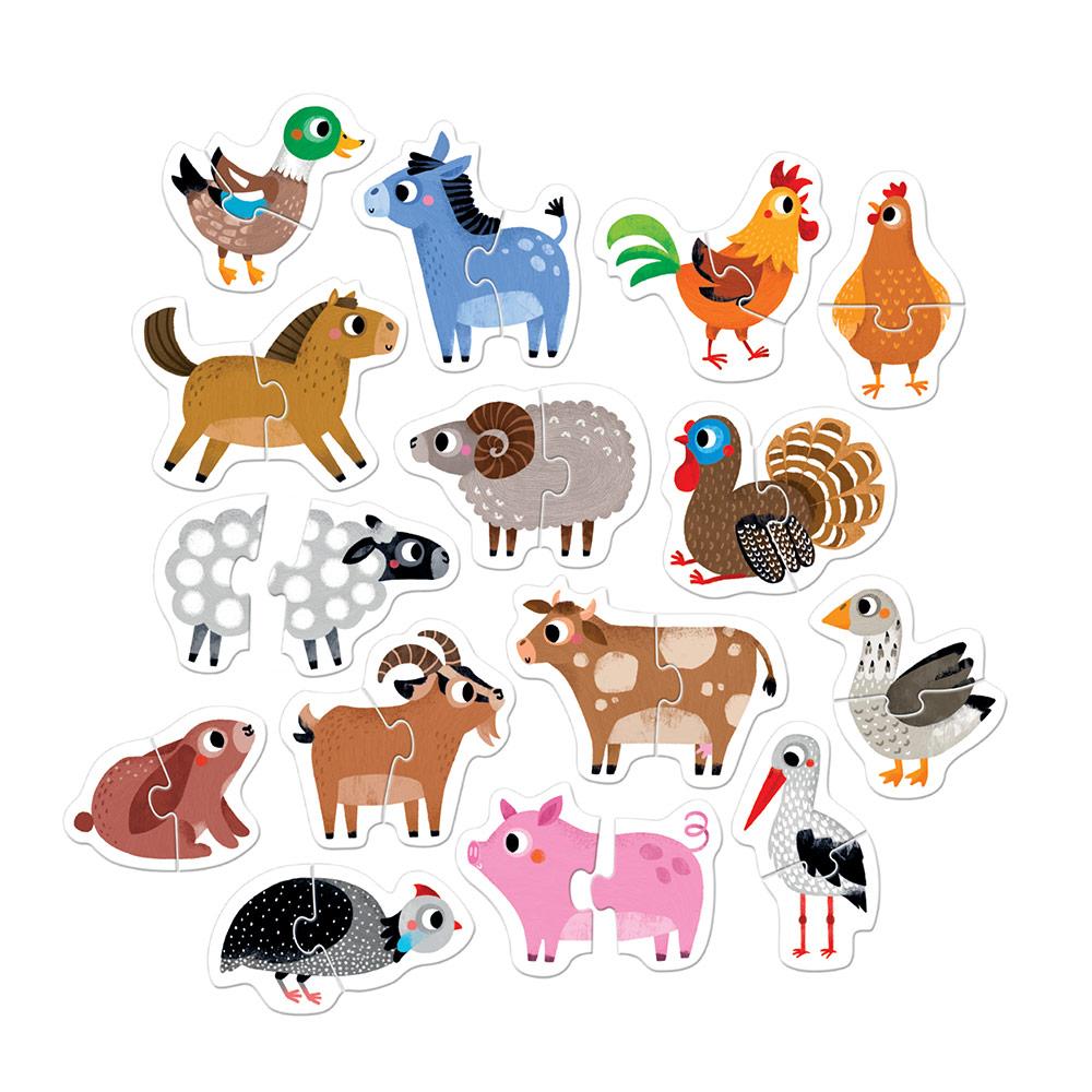 15 puzzles animales de la granja de 2 piezas