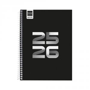 Agenda espiral cuarto Cool negro 2025-2026 semana vista horizontal